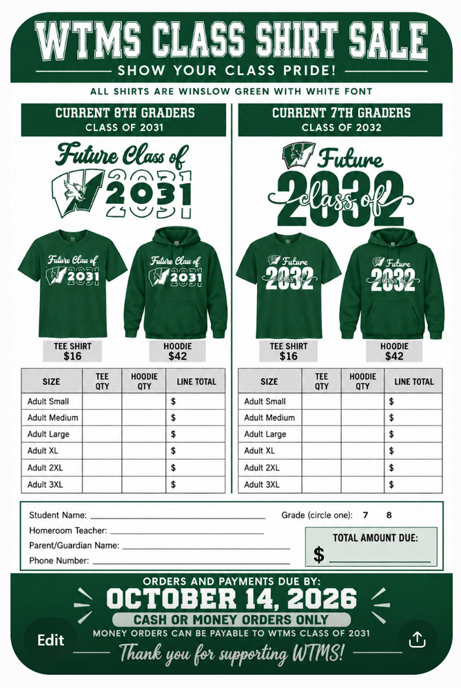 Get Your 7th or 8th Grade Class T-Shirt!